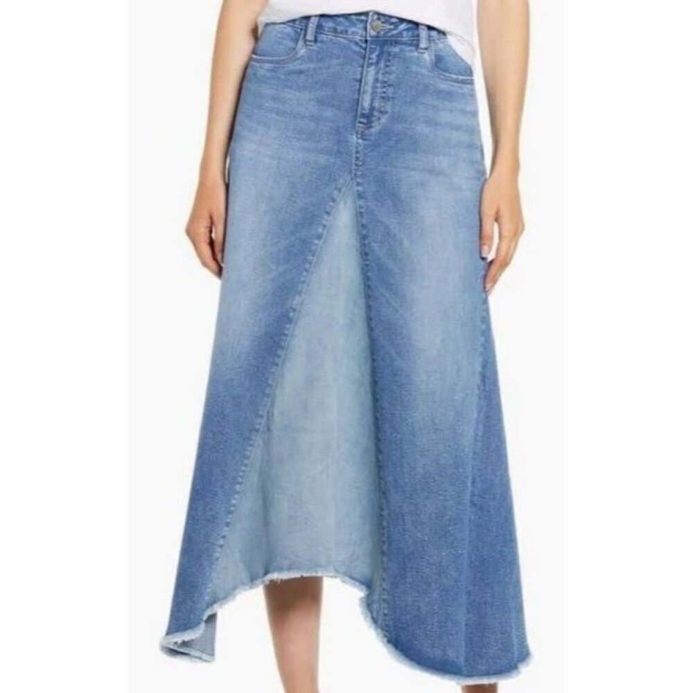 Wash Lab Denim Pieced Two Tone Sky Blue Stretch Boho Long Midi‎ Skirt Size 32